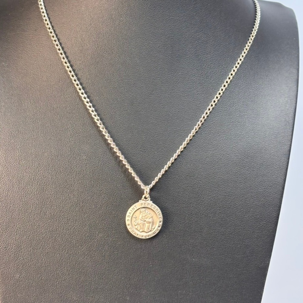 Saint Peregrine Medal Necklace Silver Tone Religious Patron‎ Saint Vintage